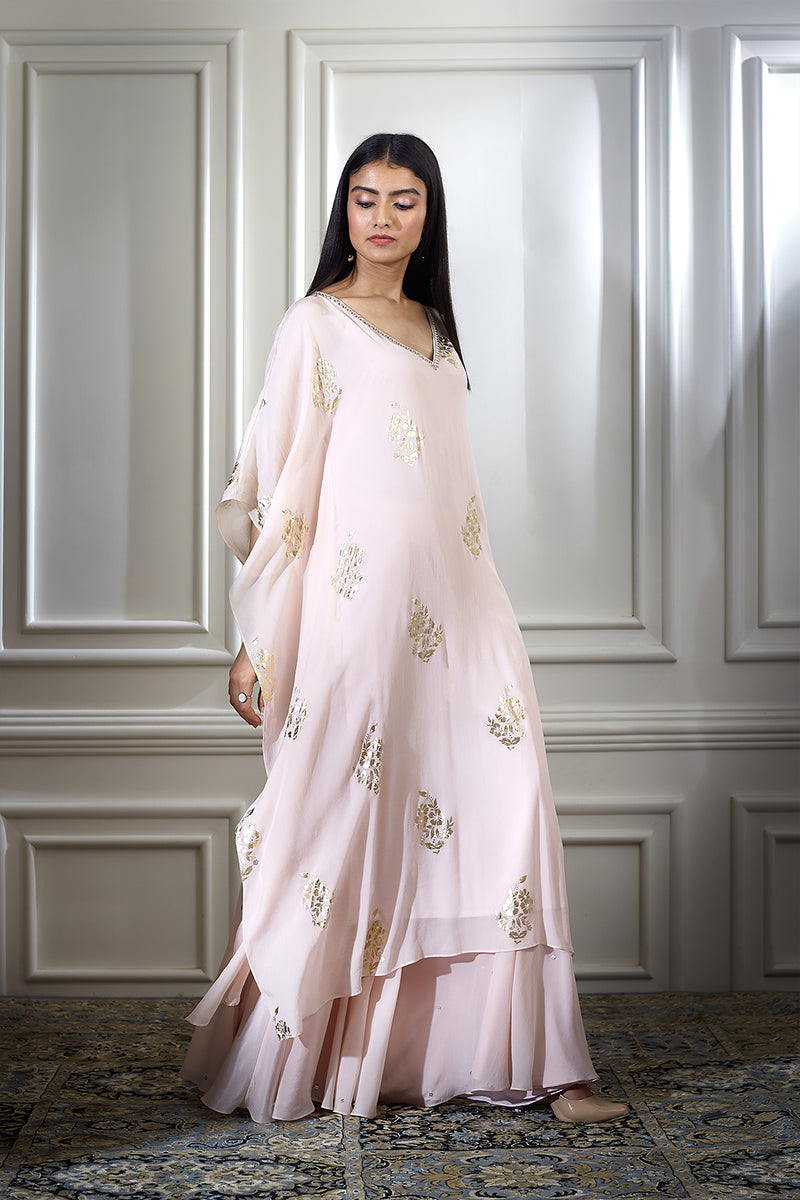 Peach Foil Printed Embellished Kaftan With Sharara