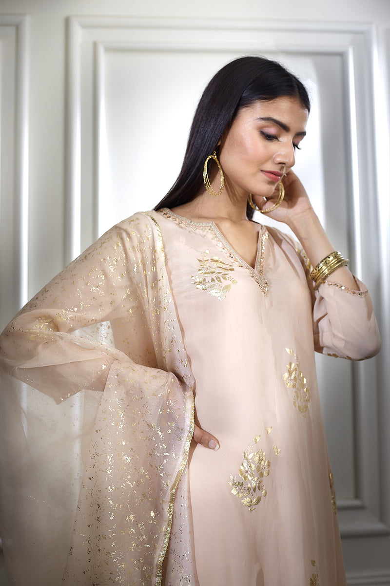Beige Foil Printed Embellished Kurta Set