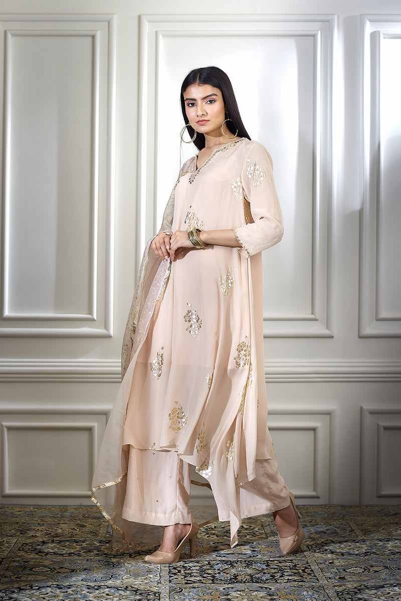Beige Foil Printed Embellished Kurta Set