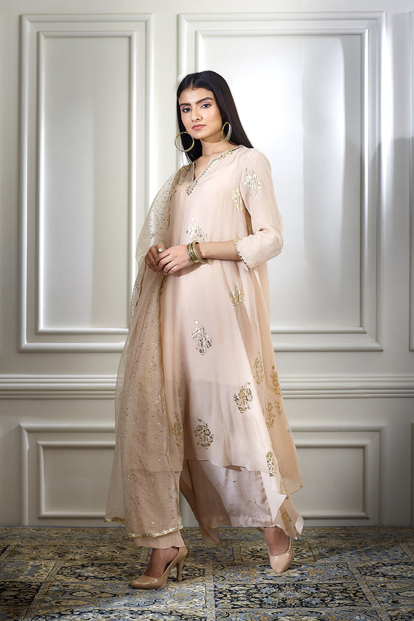 Beige Foil Printed Embellished Kurta Set