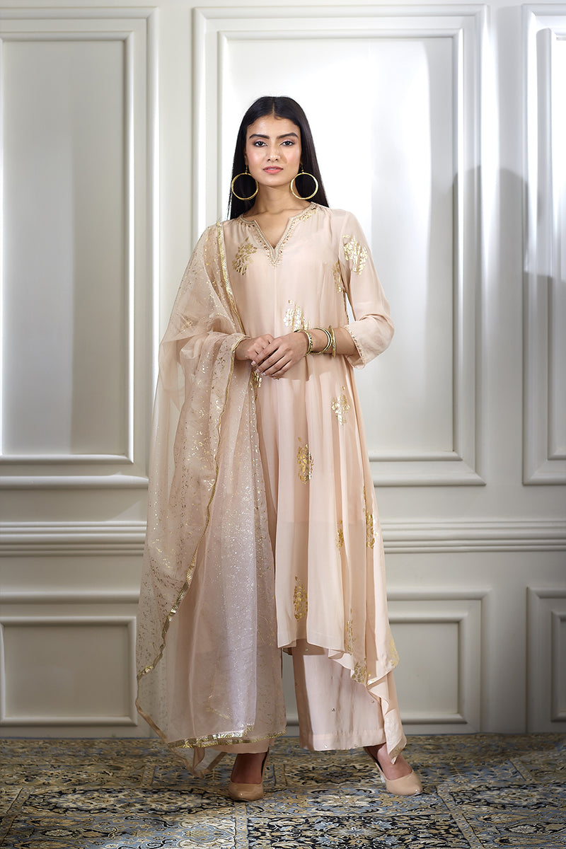 Beige Foil Printed Embellished Kurta Set