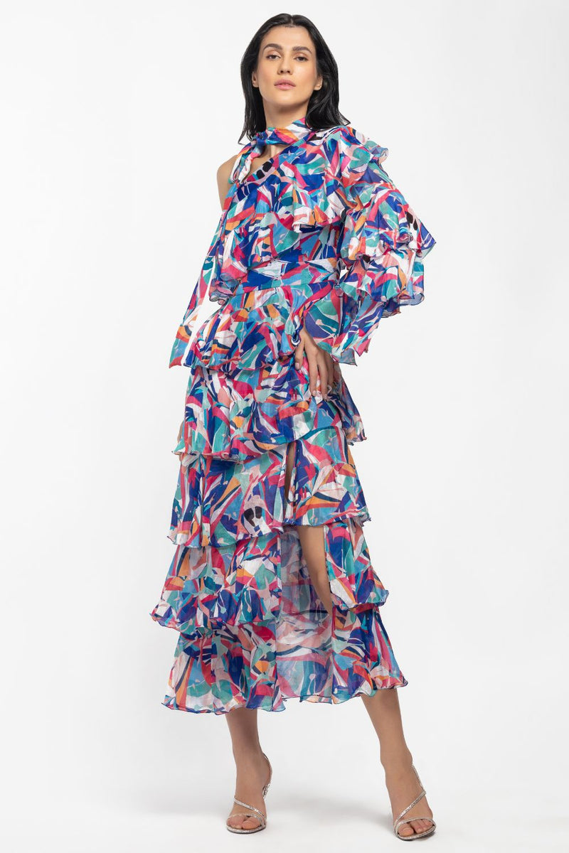 Blue one shoulder layered maxi dress