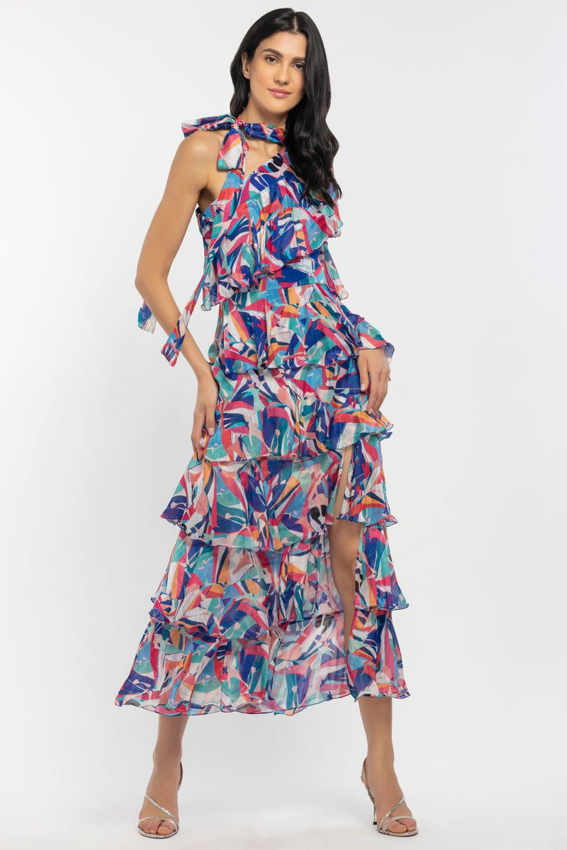 Blue one shoulder layered maxi dress