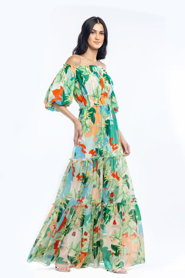 Cotton Lurex Printed Off Shoulder Long Dress