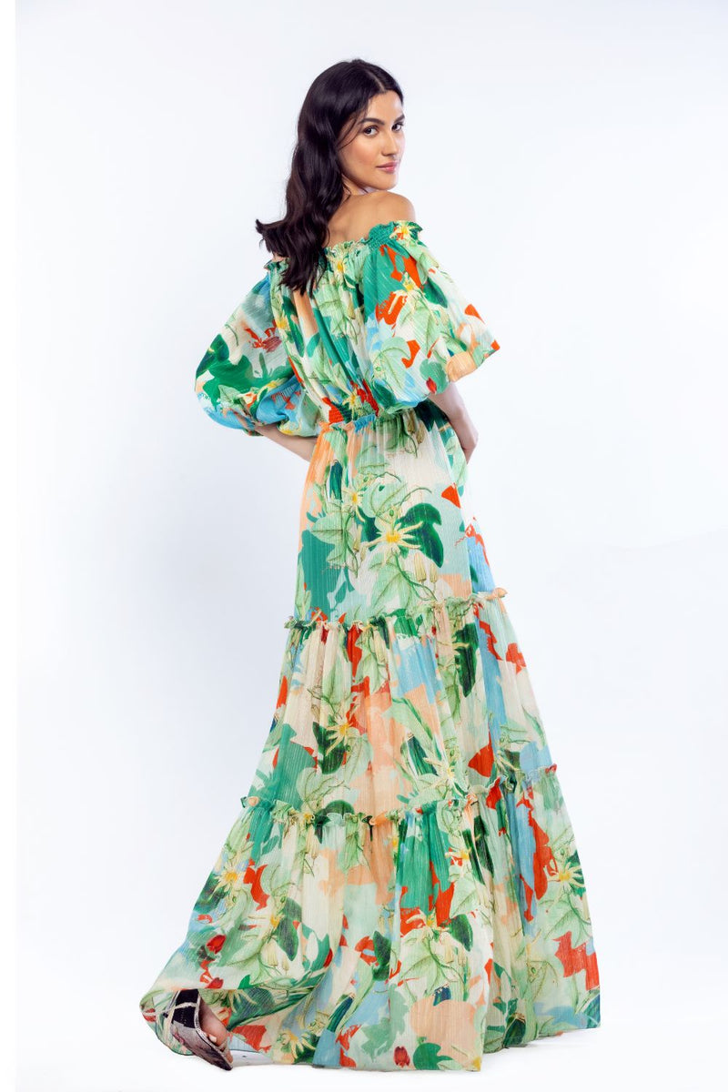Cotton Lurex Printed Off Shoulder Long Dress