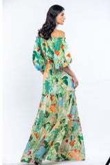 Cotton Lurex Printed Off Shoulder Long Dress