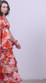 Chiffon coral printed tiered dress