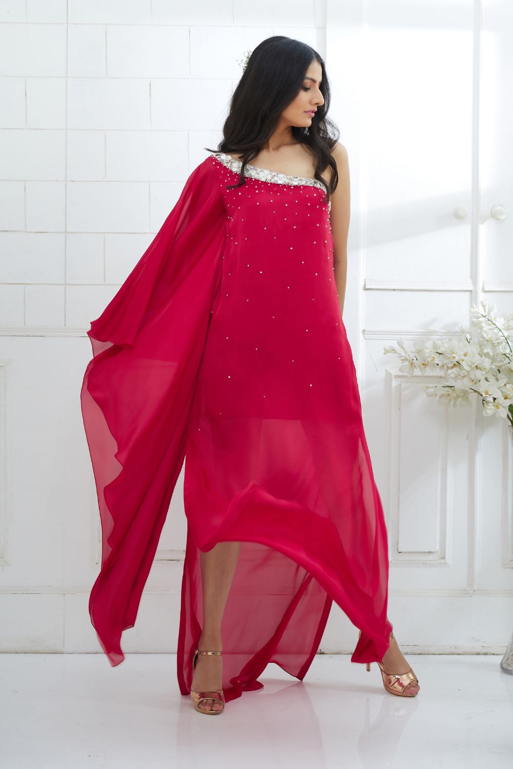 One Shoulder Rani Pink  Dress With Side Slit