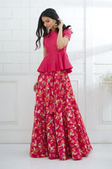 Fuchsia Embroidered Peplum With Printed Lehenga