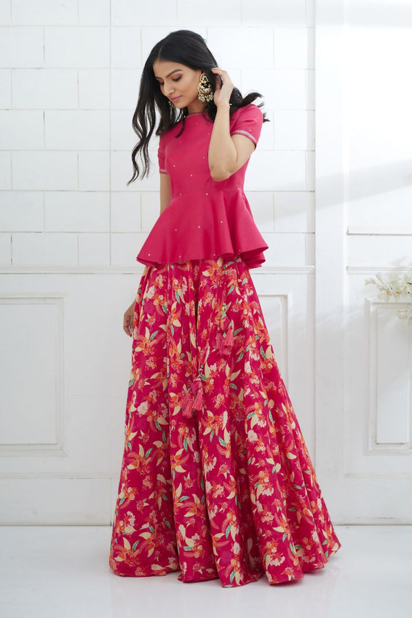 Fuchsia Embroidered Peplum With Printed Lehenga