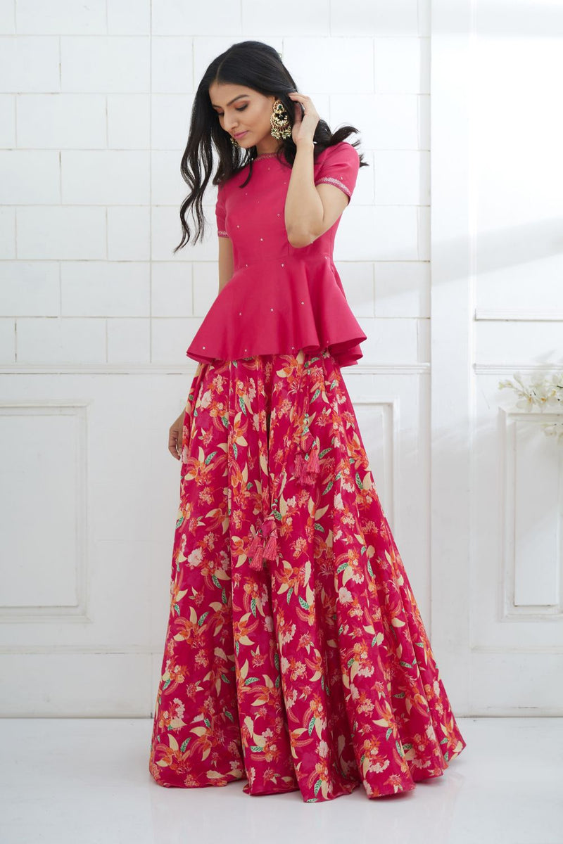Fuchsia Embroidered Peplum With Printed Lehenga