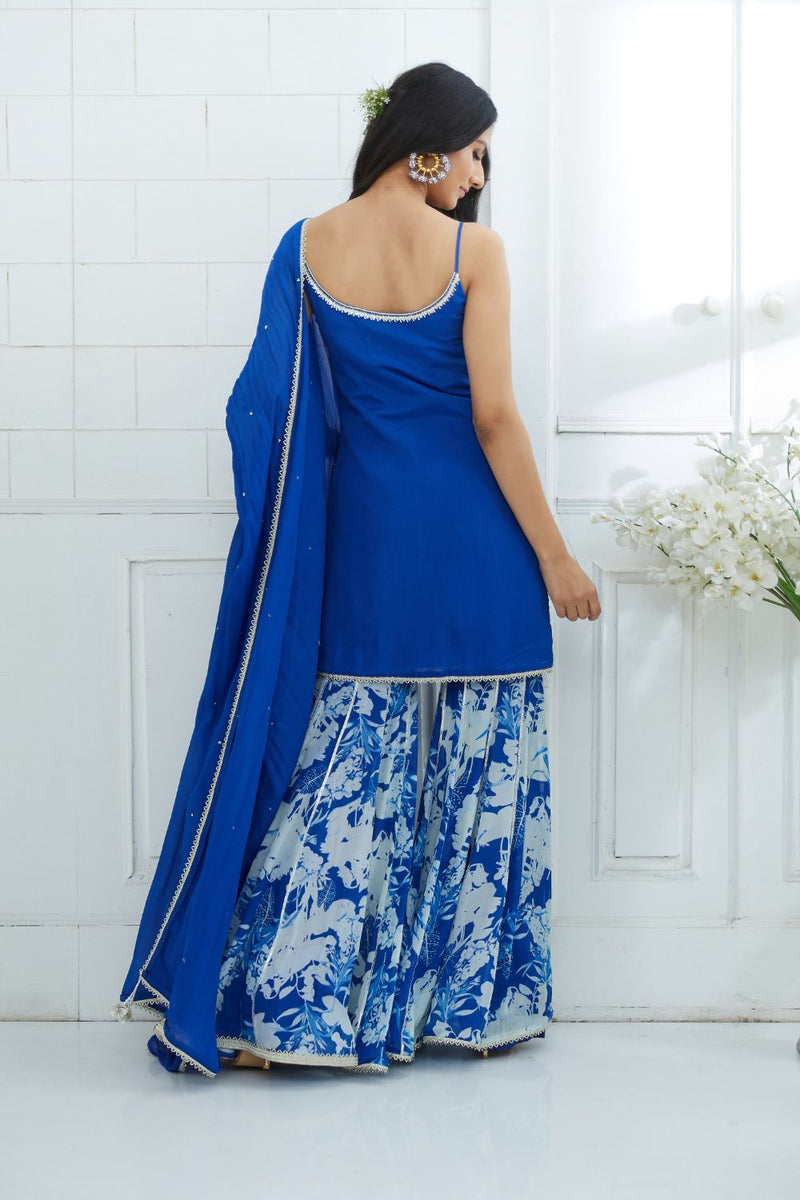 Royal Blue Embroidered Kurta and Sharara Set