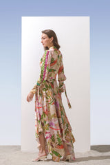Satin multi green printed dress