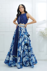 Blue Embroidered Printed Lehenga Set