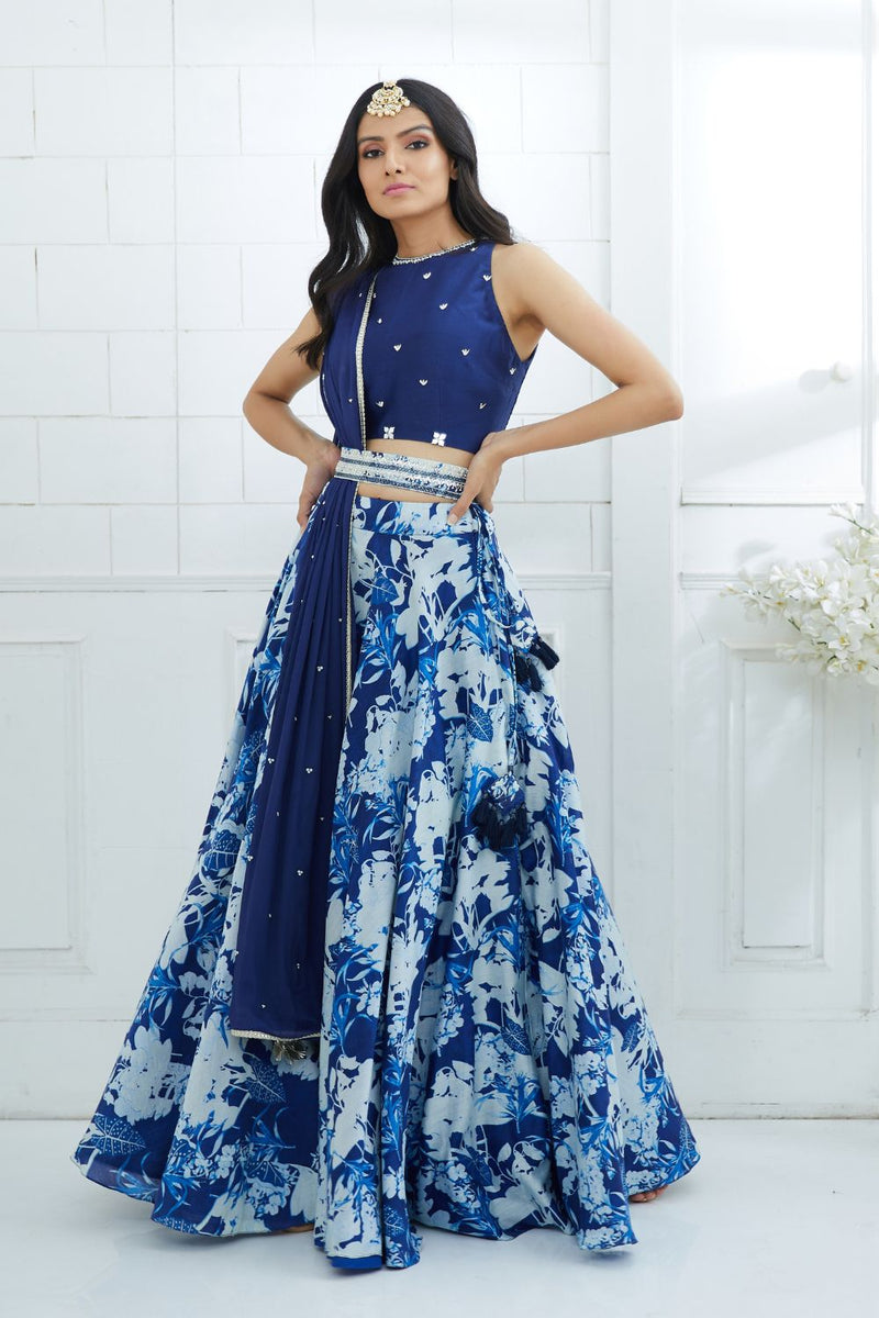 Blue Embroidered Printed Lehenga Set
