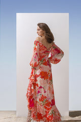 Chiiffon coral printed layered dress