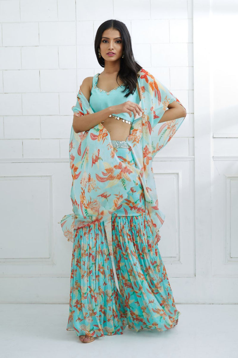 Aqua Embroidered  Printed Sharara Set