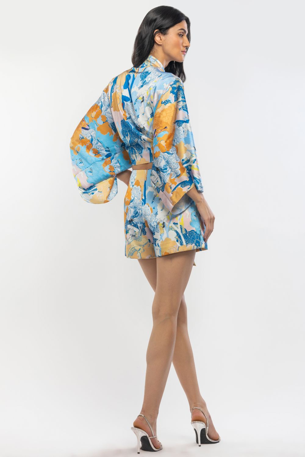 Satin Printed Kimono Tie Up Top With Shorts