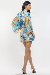 Blue kimono Tie-up shorts set