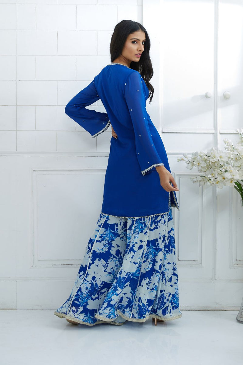 Royal Blue Kurta With Printed Sharara