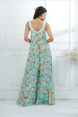 Aqua Printed Embellished Jumpsuit