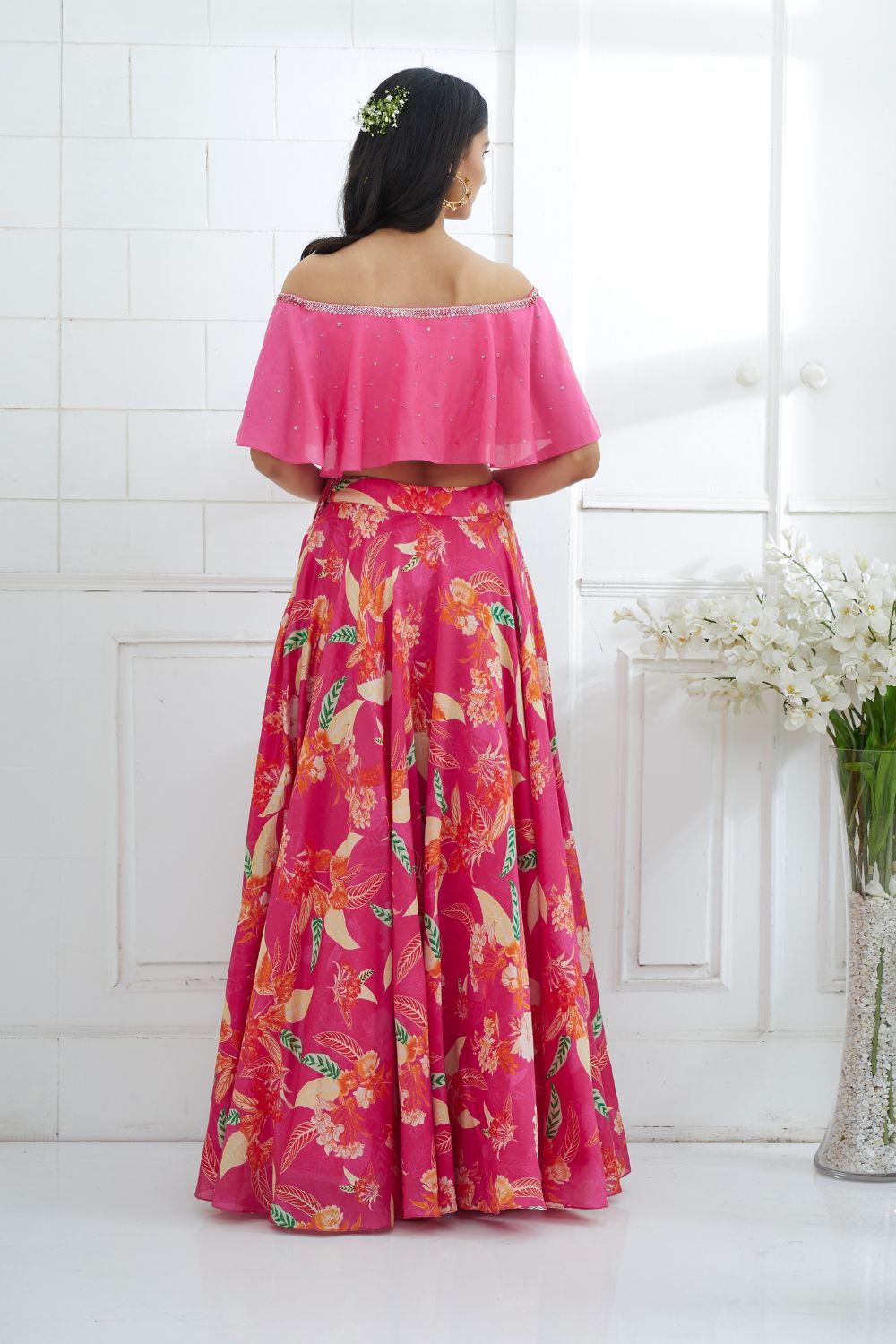 Fuchsia Off-shoulder Embroidered  Blouse With Printed Lehenga