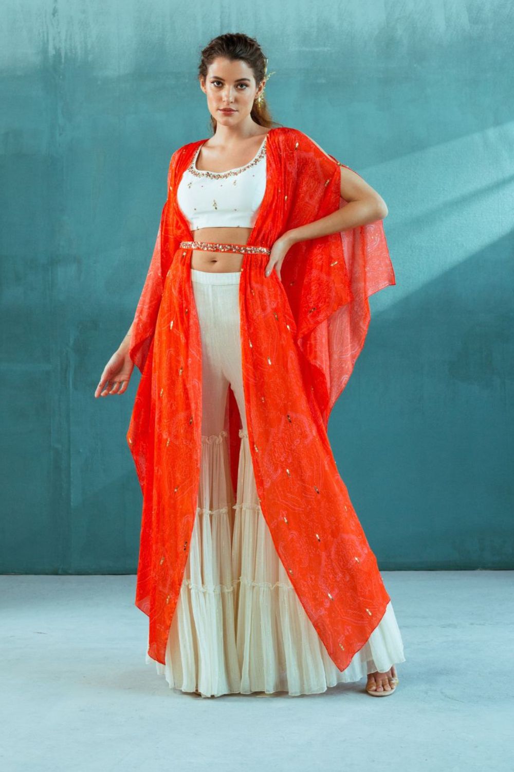 Coral Chiffon Cape With Ivory Blouse And Sharara