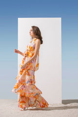 Chiffon orange printed halter tiered dress