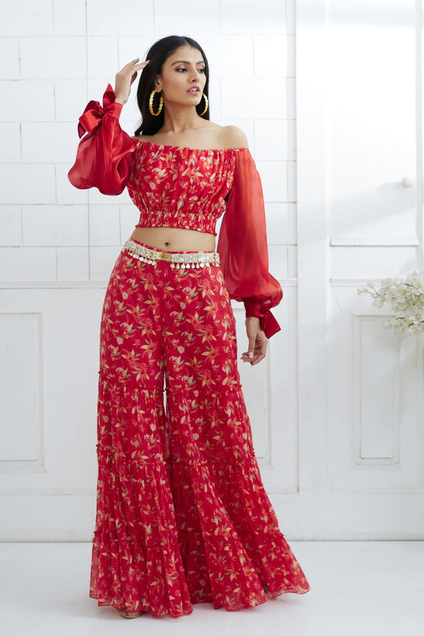 Red Printed Off Shoulder Top and Sharara