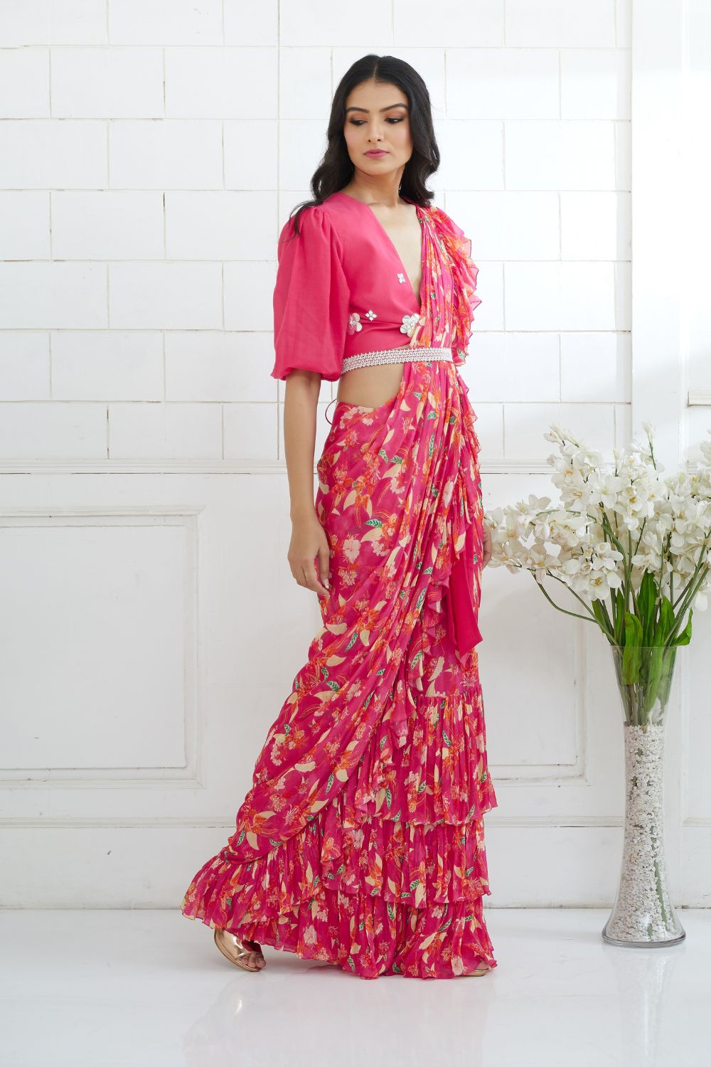 Fuchsia Embroidered Knotted Blouse With Printed  Ruffle Saree
