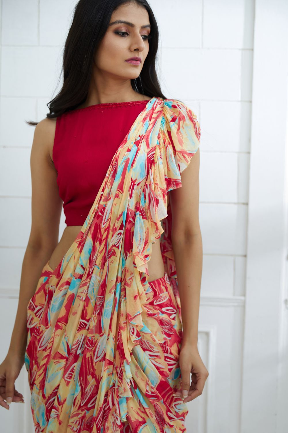Red Embroidered Back Knotted Blouse With Printed  Ruffle Saree