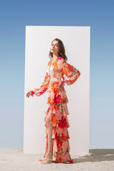 Chiffon coral printed tiered dress