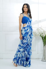 Blue Embroidered Printed Ruffle Saree