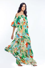 Cotton Lurex Printed Off Shoulder Long Dress
