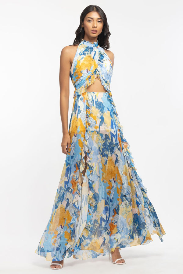Blue halter neck maxi dress