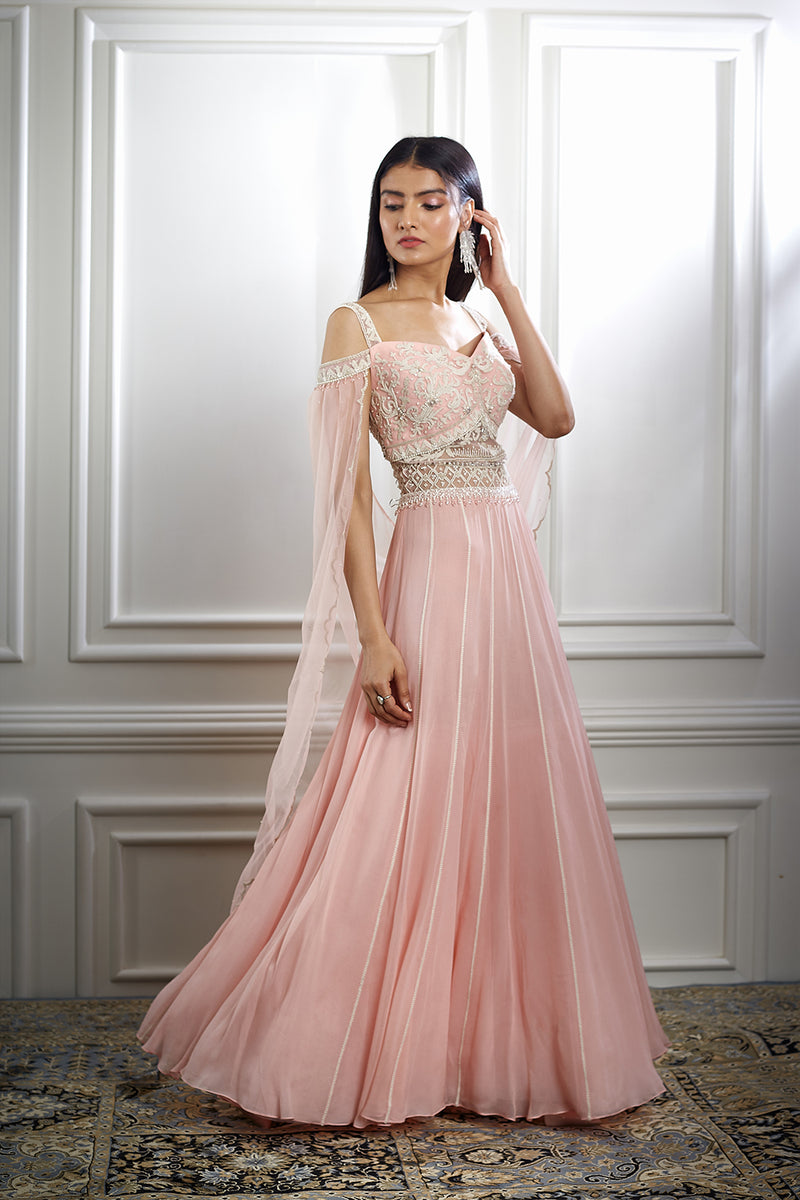 Peach Pink Dori And Hand Embroidered Anarkali