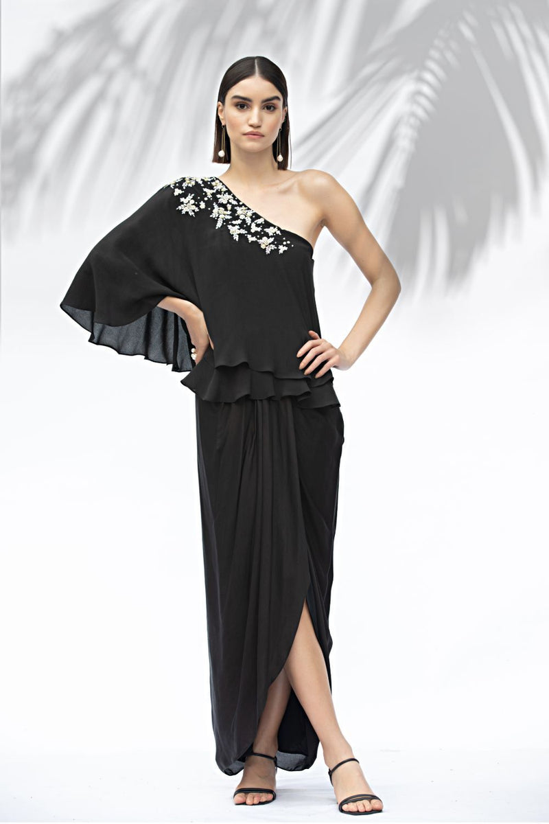 Black One Shoulder Top With Draped Skirt
