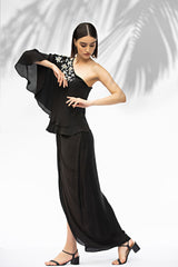 Black One Shoulder Top With Draped Skirt