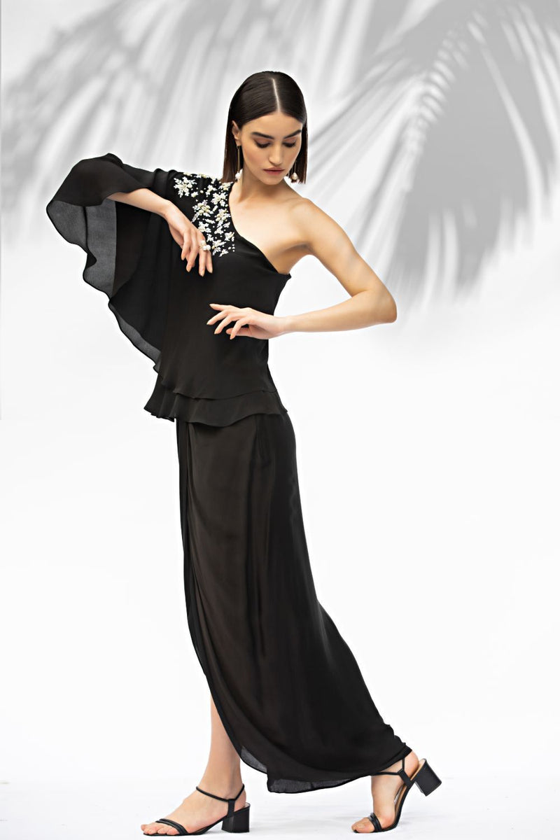 Black One Shoulder Top With Draped Skirt