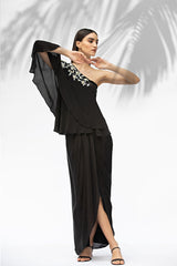 Black One Shoulder Top With Draped Skirt