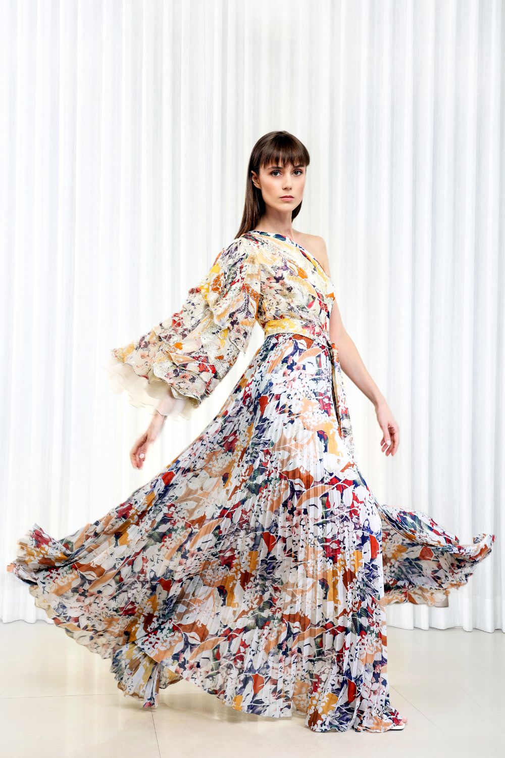 Autumn Leaves Printed Brasso and Pleated Dress