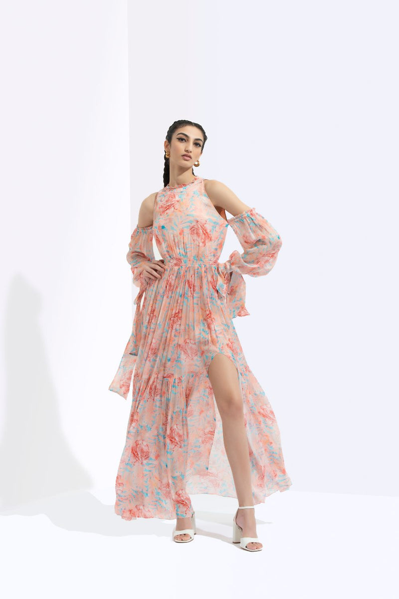 Rabenda Printed Long Dress With Side Slit