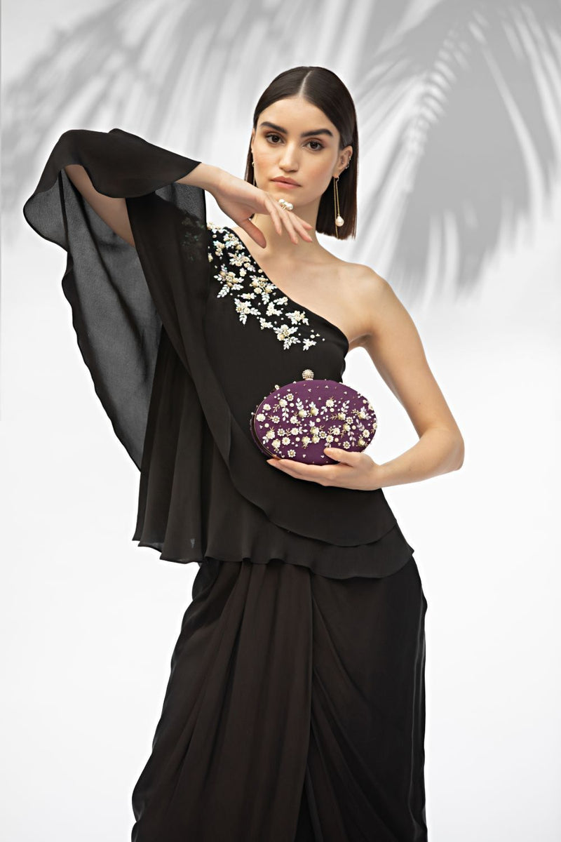 Black One Shoulder Top With Draped Skirt