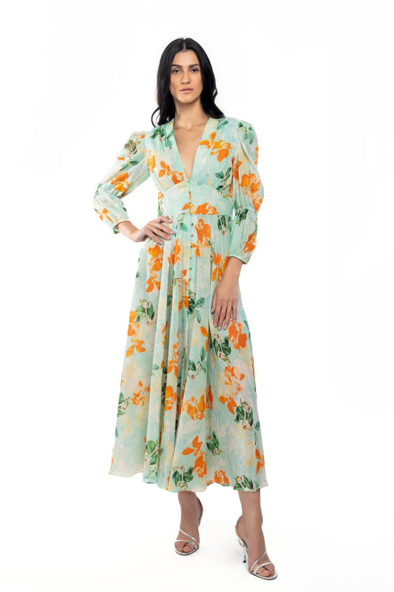 Cotton Lurex Printed Flaired Dress
