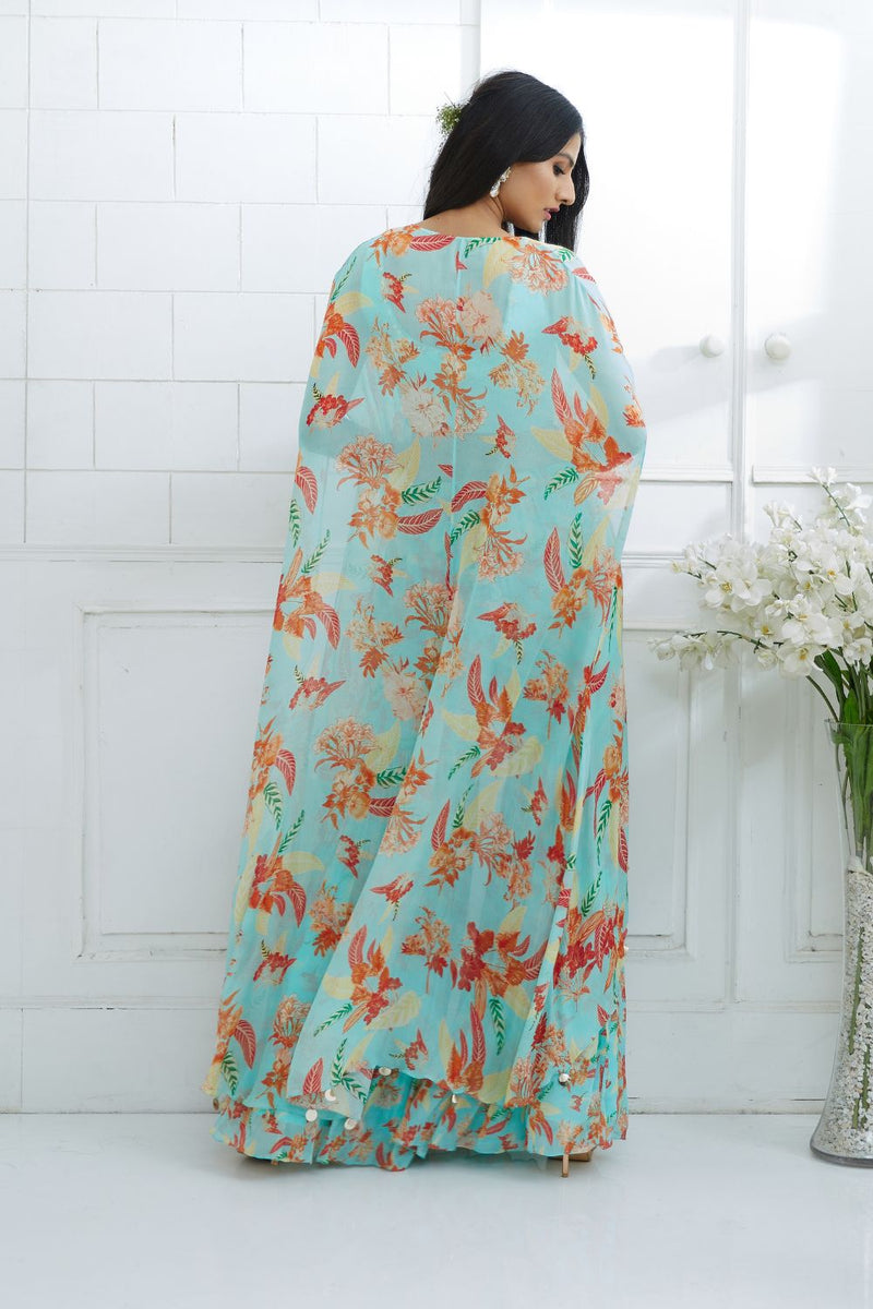 Aqua Embroidered  Printed Sharara Set