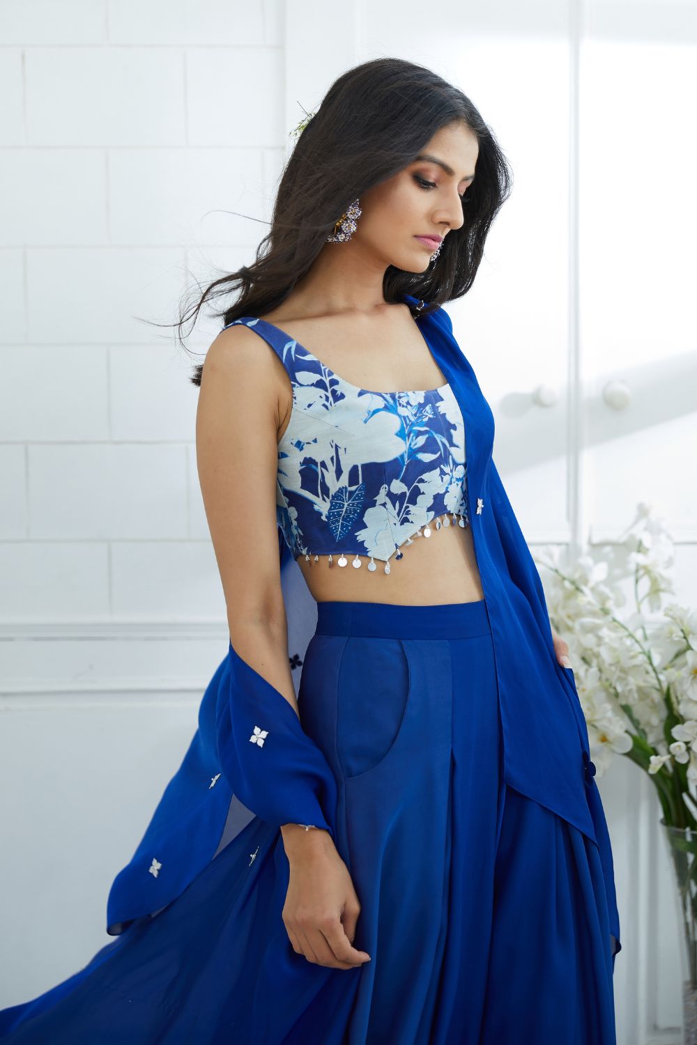 Blue Printed Blouse With Ombre Cape And Pleated Palazzo