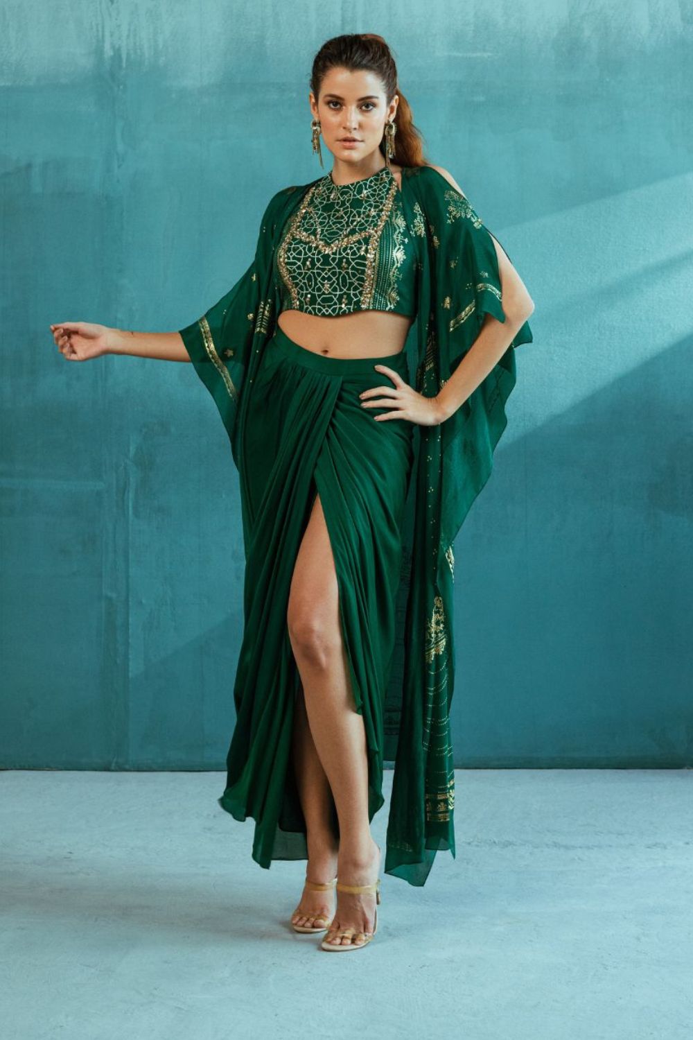 Emerald Green Cape With Blouse And Skirt