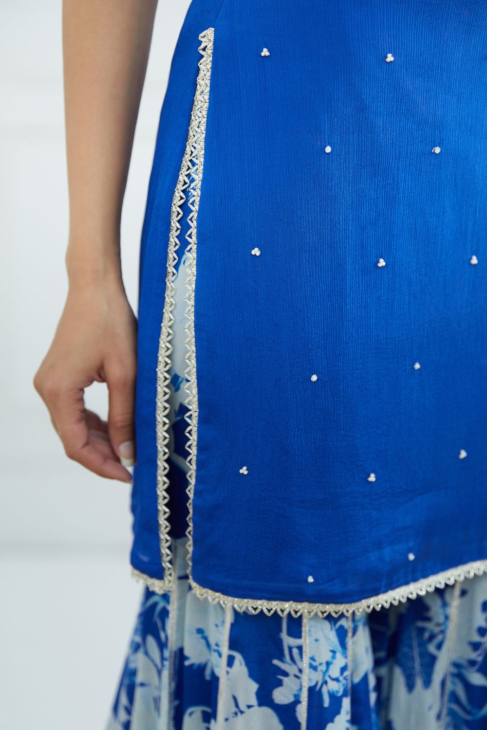 Royal Blue Strapy Embroidered Kurta With Printed Sharara And  Embroidered Dupatta