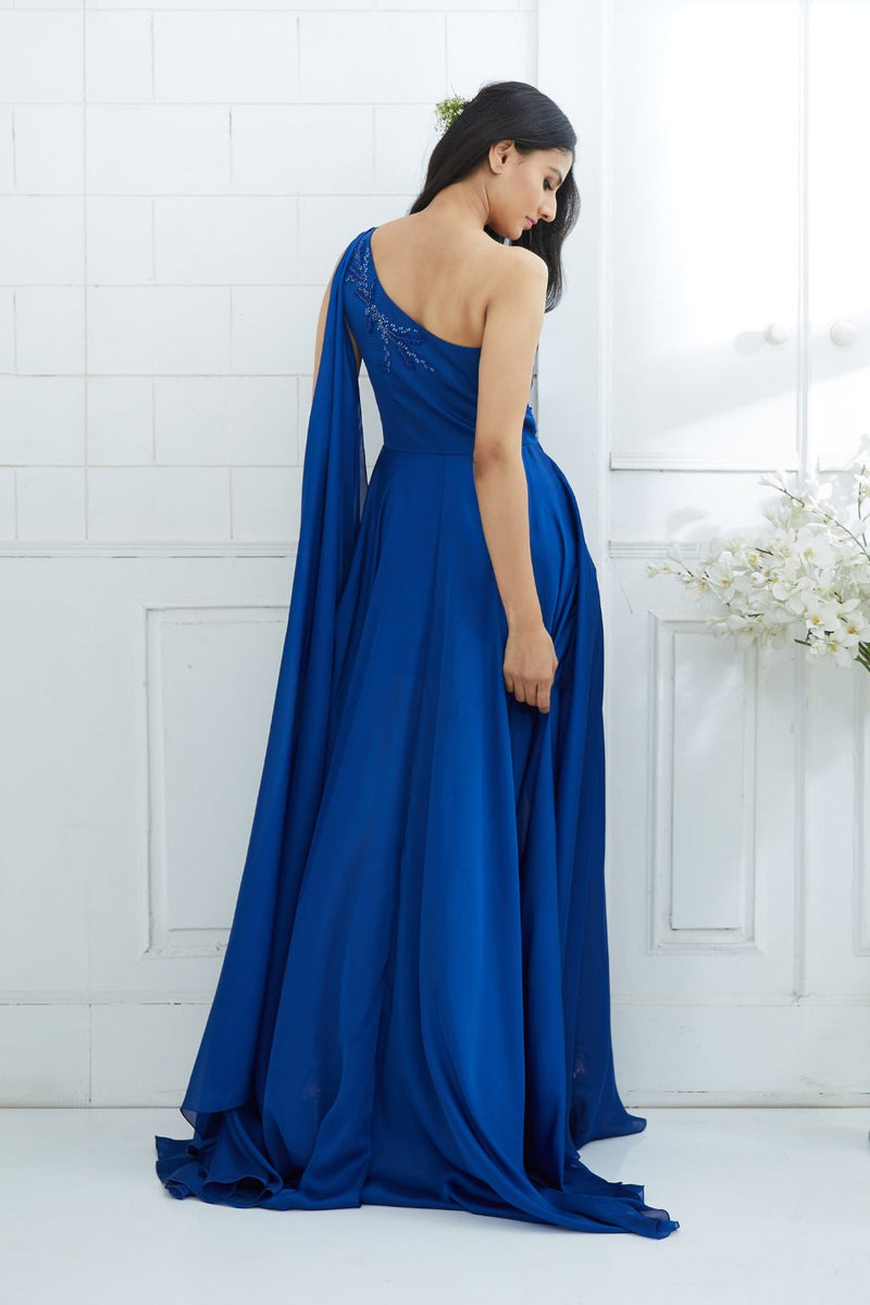 Blue Drape Embellished Gown