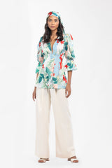 Satin Printed Pleated Top With Ivory Pants